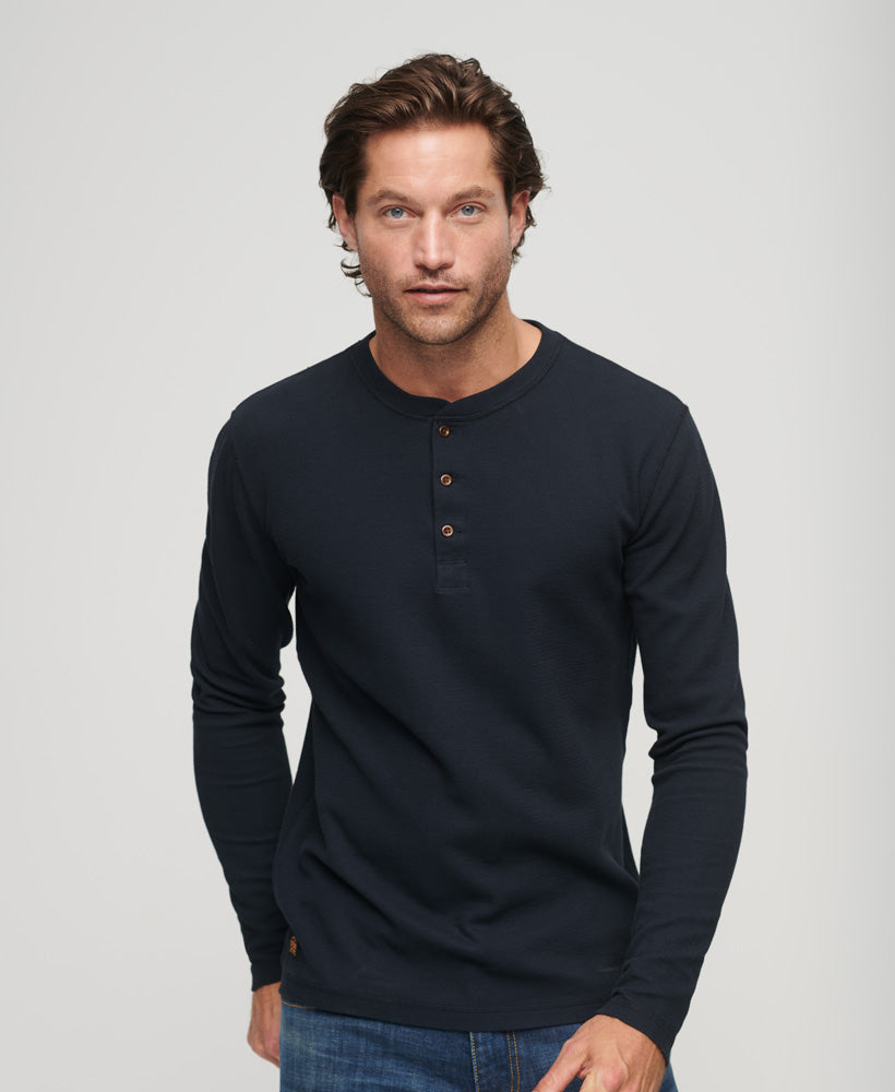 Men's Waffle Long Sleeve Henley Top-Eclipse Navy-Front View
