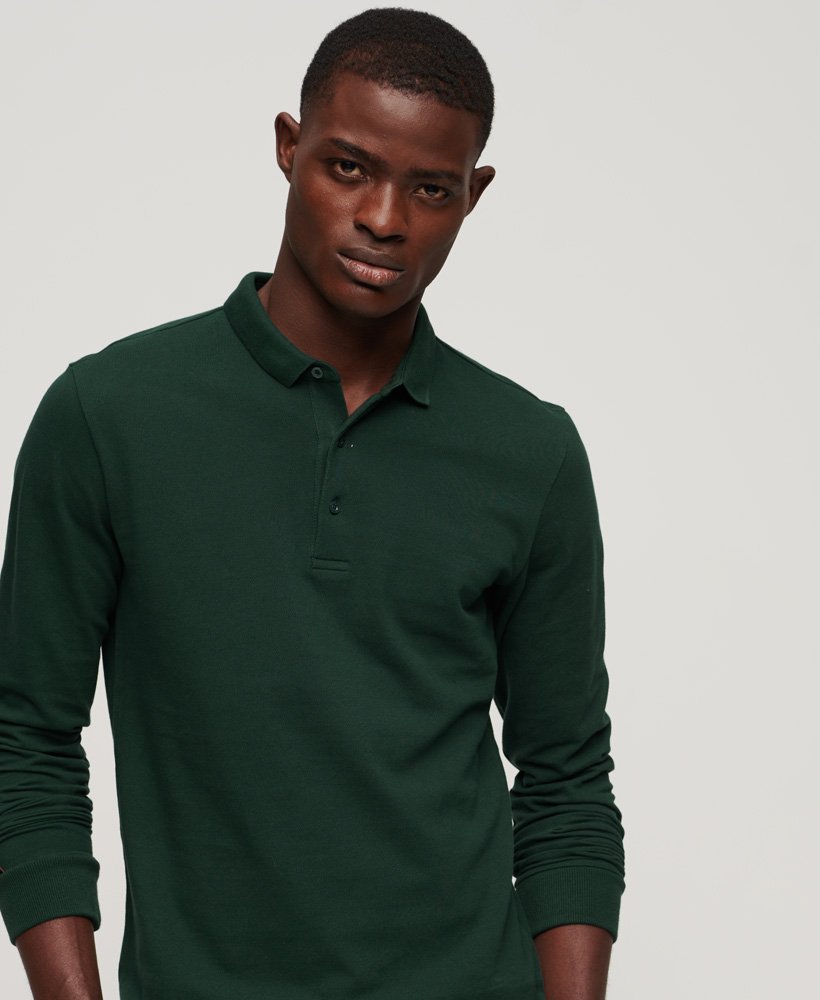 Long Sleeve Cotton Pique Polo-Forest Green-Close up view