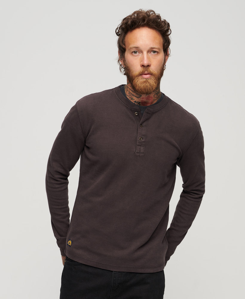 Men's Waffle Long Sleeve Henley Top-Chocolate Plum Brown-Front View