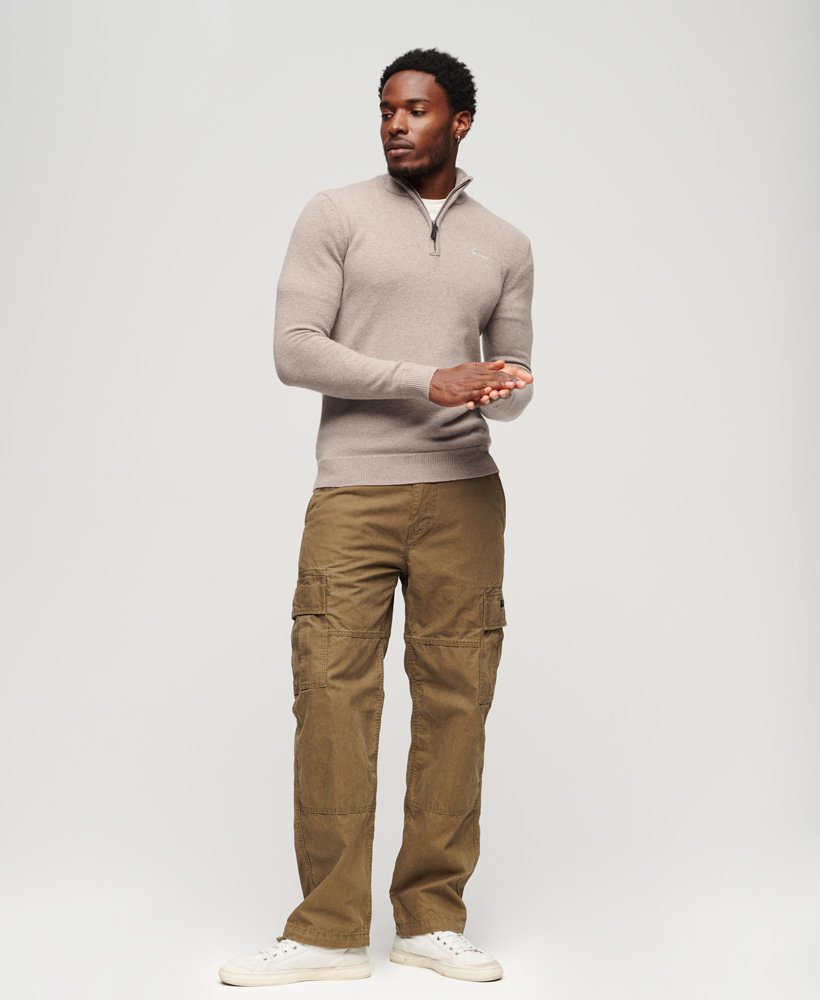 Men's Essential Emb Knit Henley-Birch Brown Marl-Model Full Front View