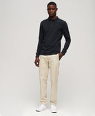 Men's Long Sleeve Cotton Pique Polo-Eclipse Navy-Model Full Front View