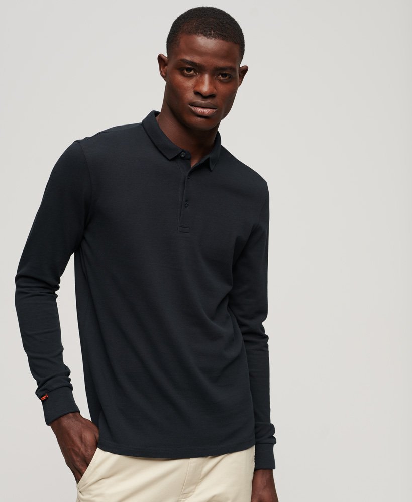 Men's Long Sleeve Cotton Pique Polo-Eclipse Navy-Front View
