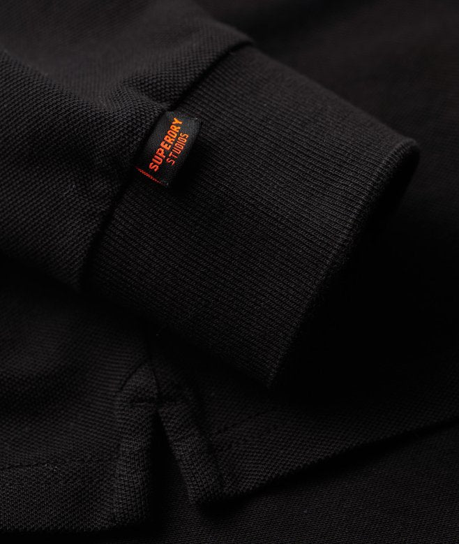 Cotton Long Sleeve Black Pique Polo Shirt-Sleeve view