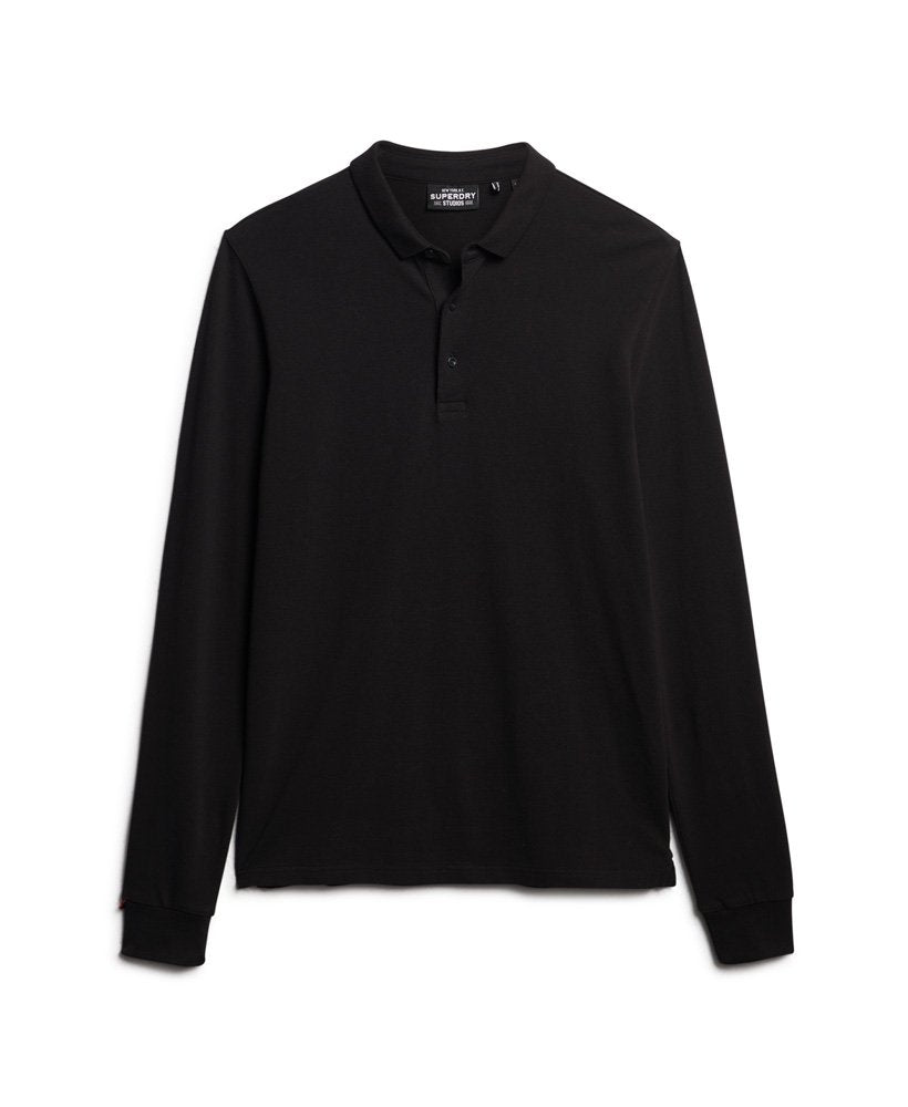 Men's Long Sleeve Cotton Pique Polo-Black-Ghost Front View
