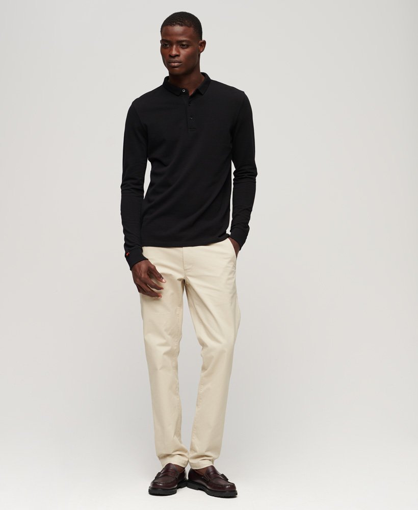 Men's Long Sleeve Cotton Pique Polo-Black-Model Full Front View