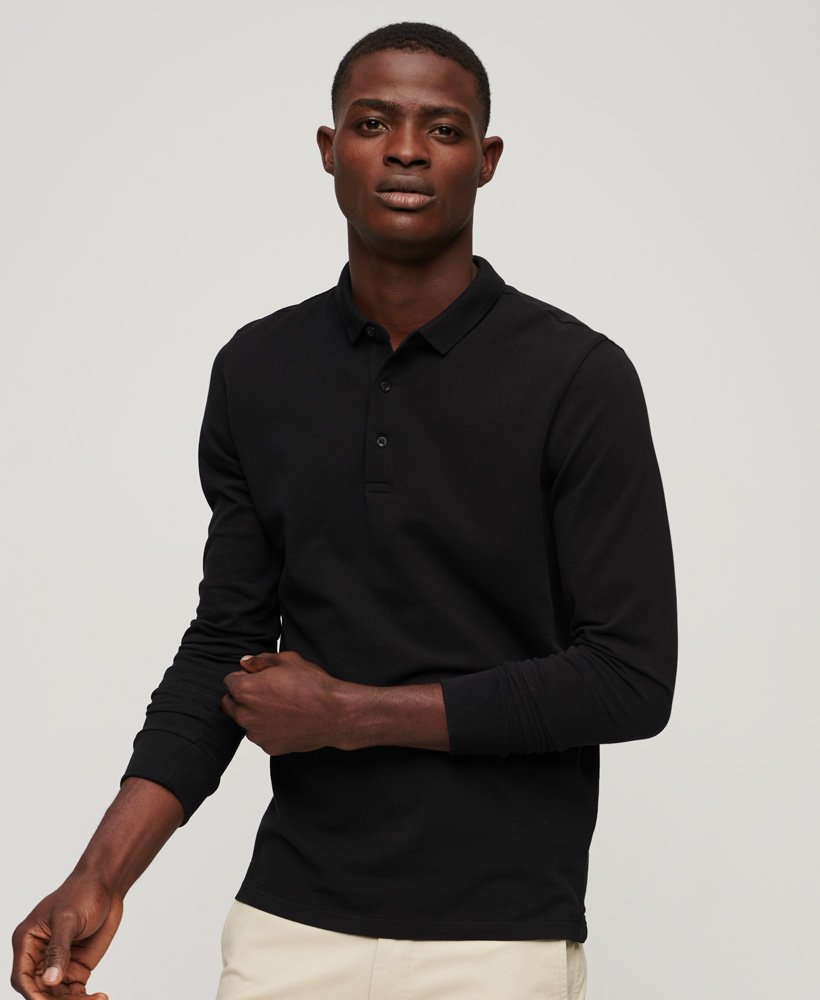 Men's Long Sleeve Cotton Pique Polo-Black-Model Front View