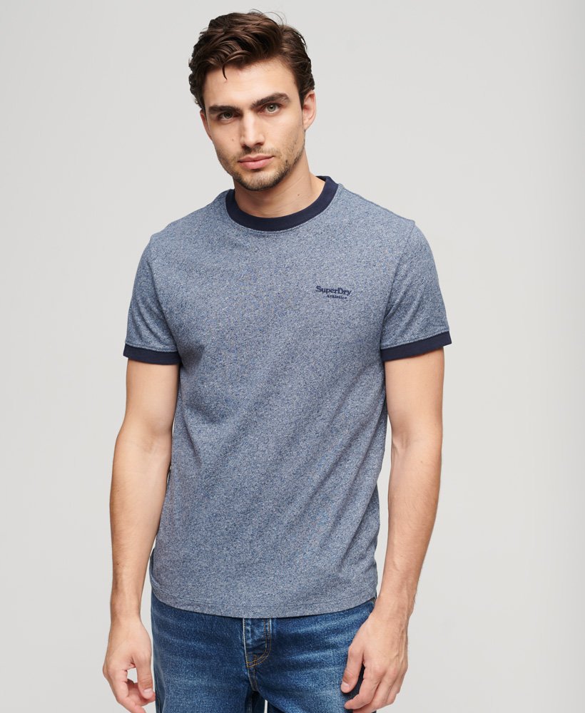 Men's Essential Logo Ringer T-Shirt-Frosted Navy Grit-Model Front View
