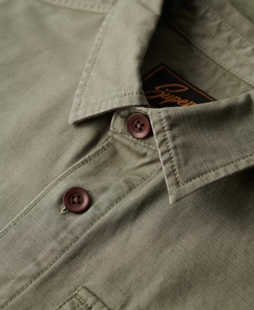 Men's Vintage Military Overshirt-Dark Moss Green-Collar & Button View