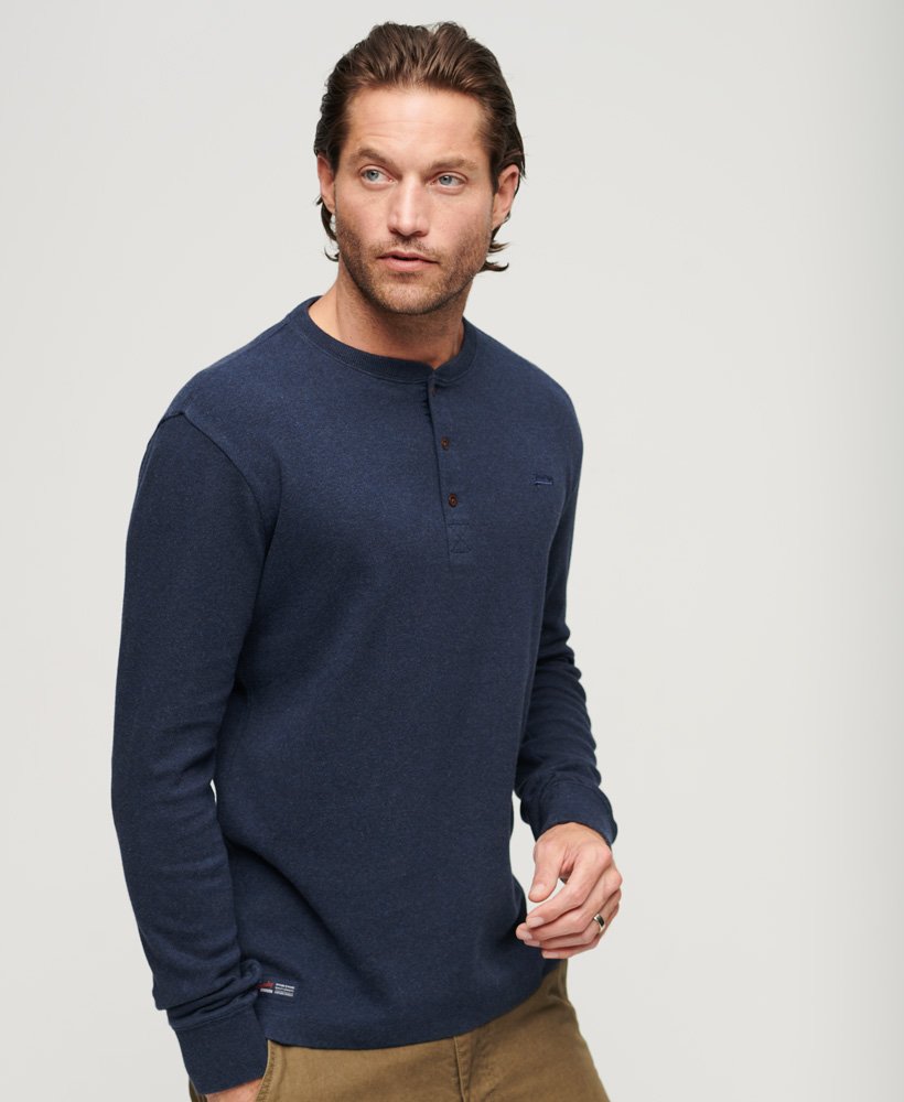 Men's Vintage Mid Weight Long Sleeve Henley-Trench Navy Marl-Model Front View