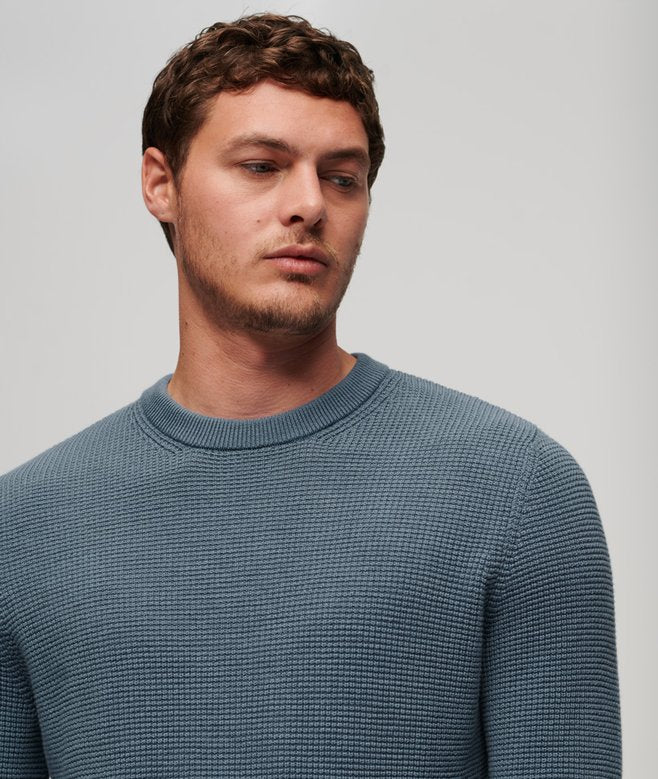 Textured Crew Knit Jumper-Denim Blue-Neck view