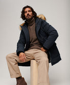 SUPERDRY Everest Faux Fur Hooded Chrome Navy Parka Nordic Chrome Navy model front view
