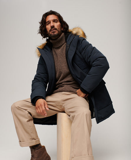SUPERDRY Everest Faux Fur Hooded Chrome Navy Parka Nordic Chrome Navy model front view