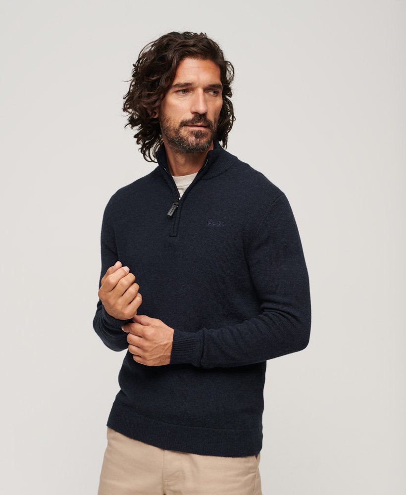 Men's Essential Emb Knit Henley-Carbon Navy Marl-Model Front View