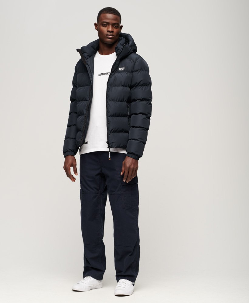 Hooded Sports Puffer Jacket-Eclipse Navy-Full model view