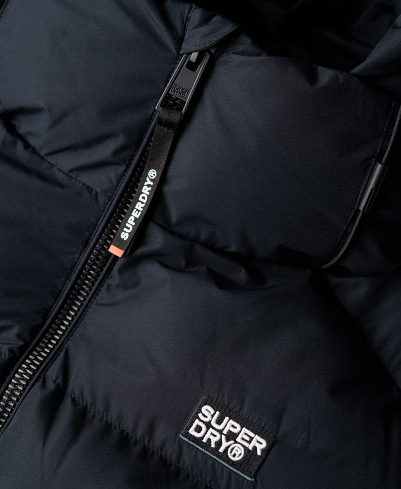 Hooded Sports Puffer Jacket-Eclipse Navy-Zip detail