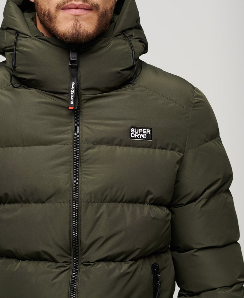 Hooded Sports Puffer Jacket-Army Khaki-Close up