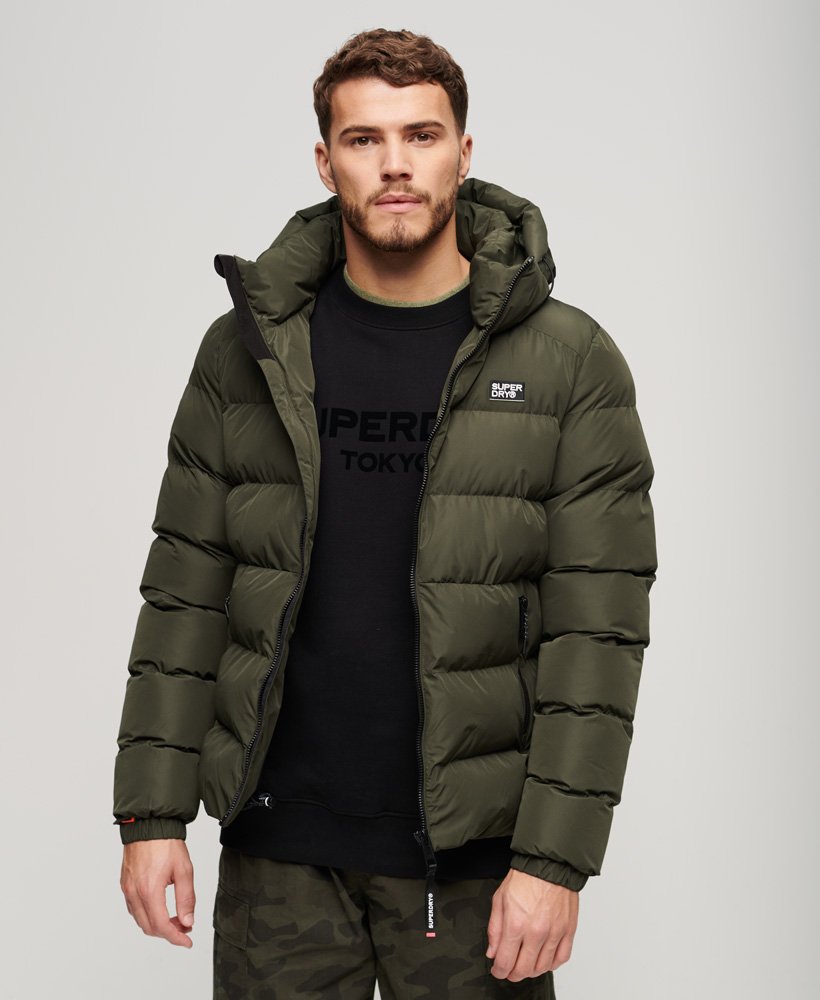 Hooded Sports Puffer Jacket-Army Khaki