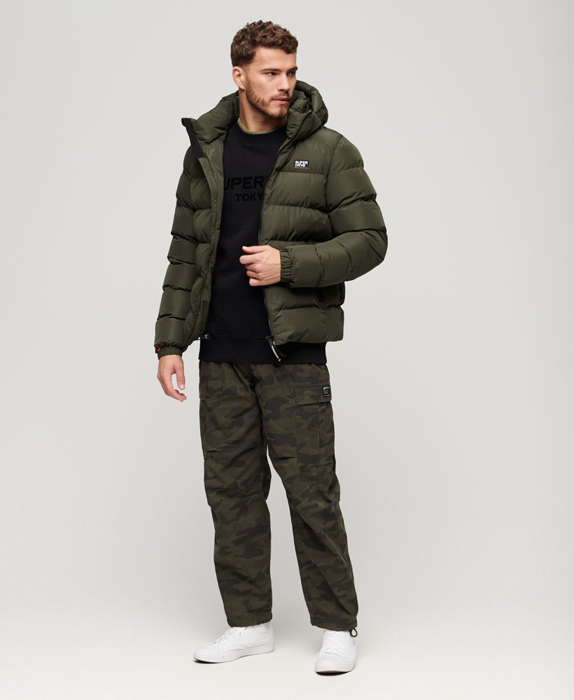 Hooded Sports Puffer Jacket-Army Khaki-Full model view