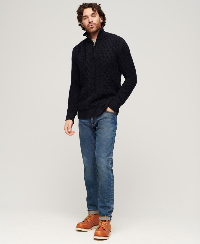 Jacob Cable Knit Half Zip-Eclipse Navy-Full model view