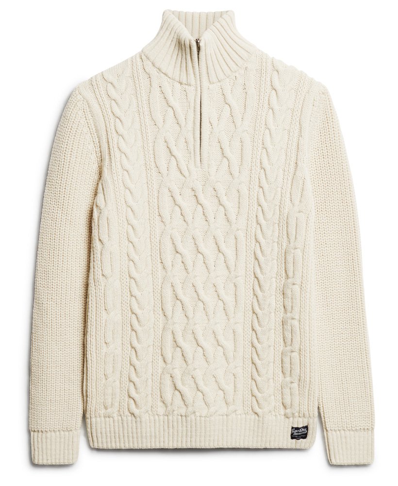 Jacob Cable Knit Half Zip-Ecru-Front view