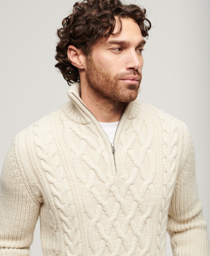 Jacob Cable Knit Half Zip-Ecru-Close up