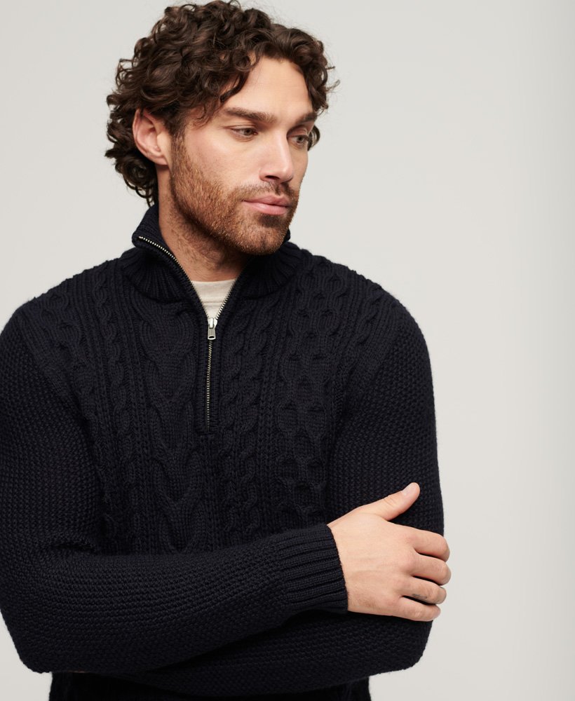 Jacob Cable Knit Half Zip-Eclipse Navy-Zip view