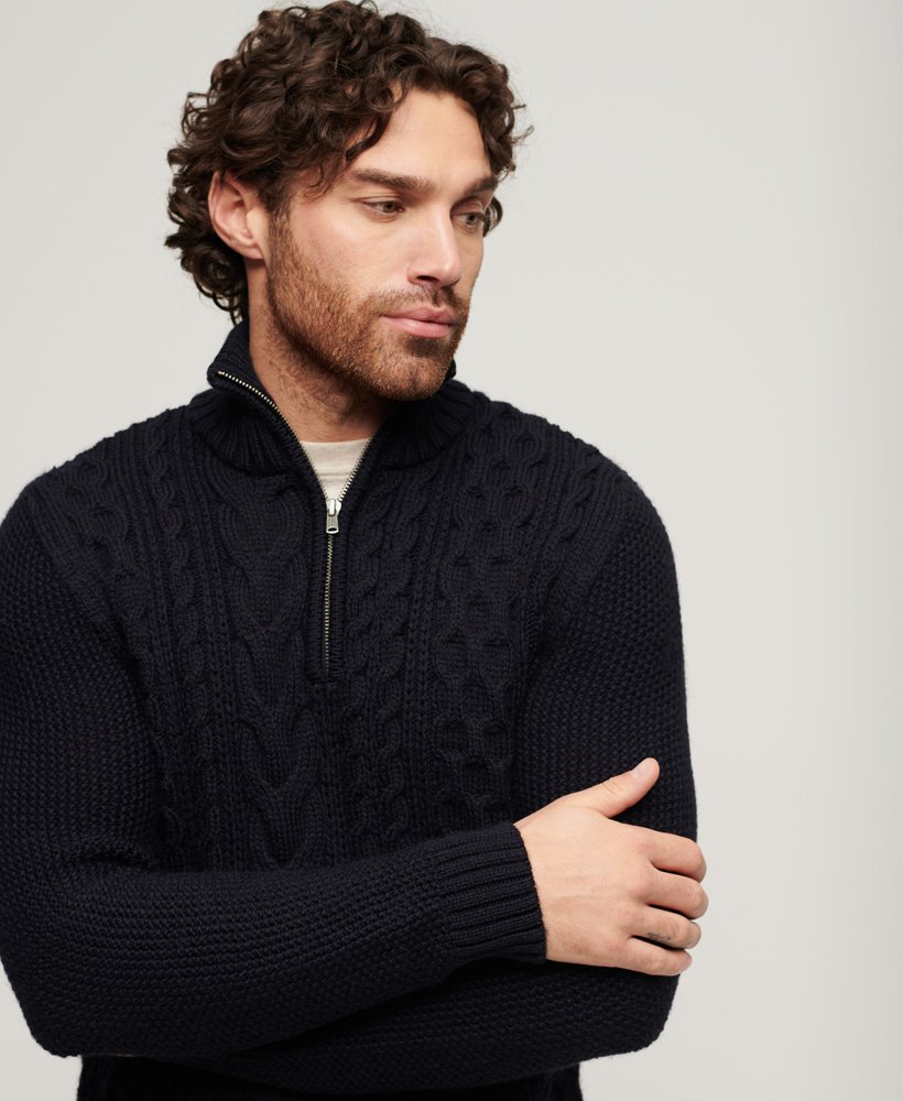 SUPERDRY Jacob Cable Knit Half Zip-Eclipse Navy Eclipse Navy model front view
