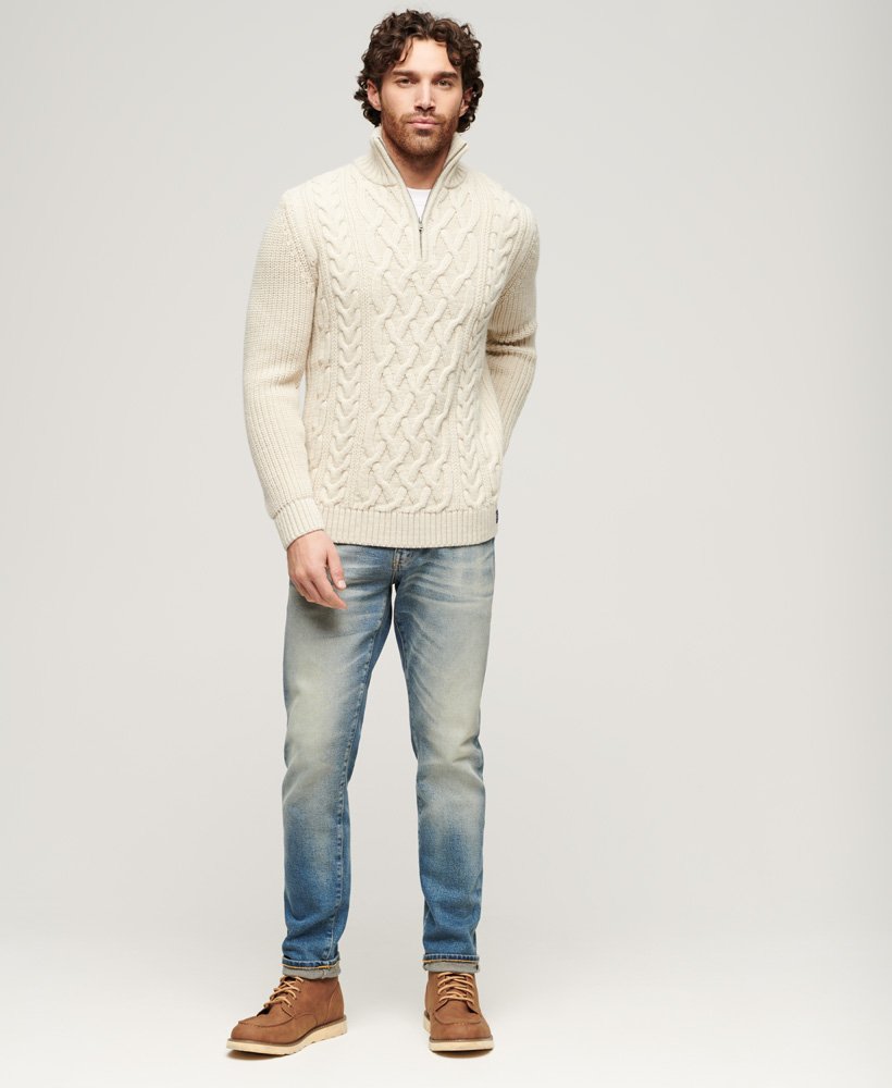 Jacob Cable Knit Half Zip-Ecru-Full model view