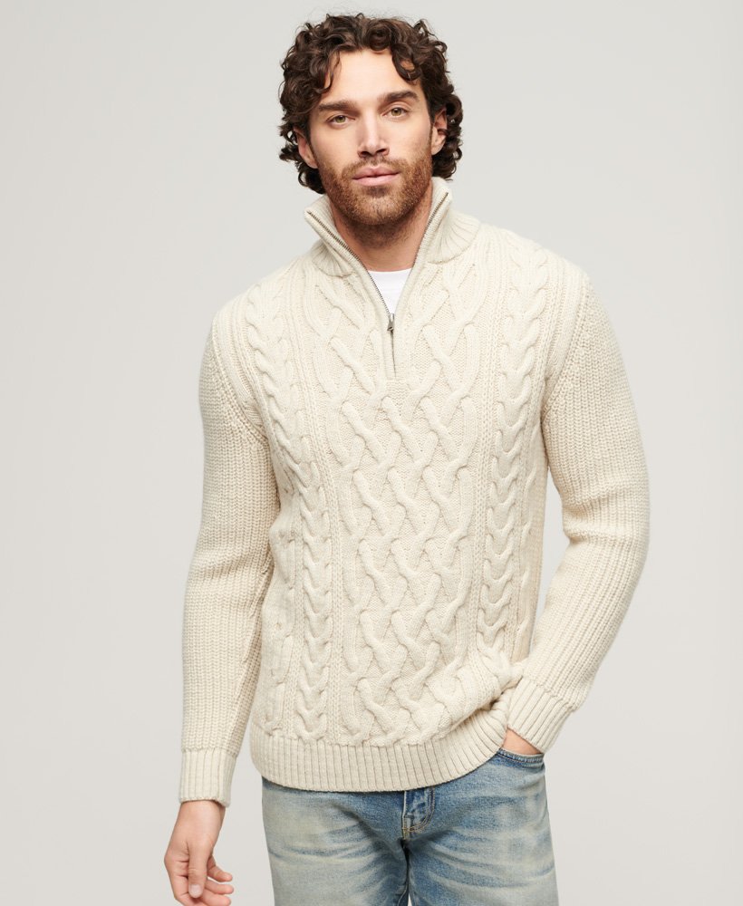 Jacob Cable Knit Half Zip-Ecru