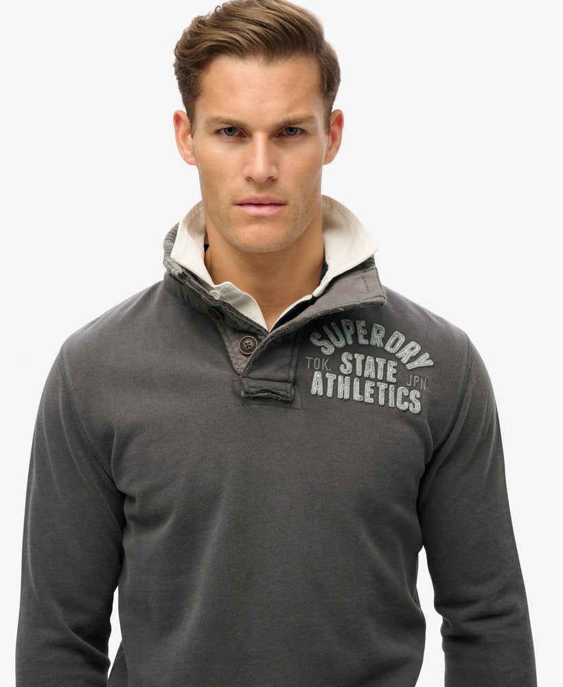 Vintage Athletic Henley Sweatshirt-Washed Black-Close up view