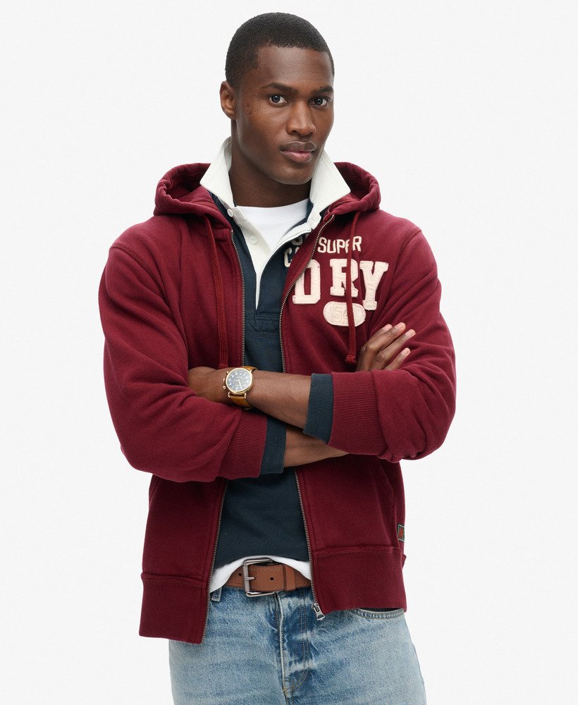 Vintage Athletic Ziphood-Rich Burgundy-Front hands crossed view