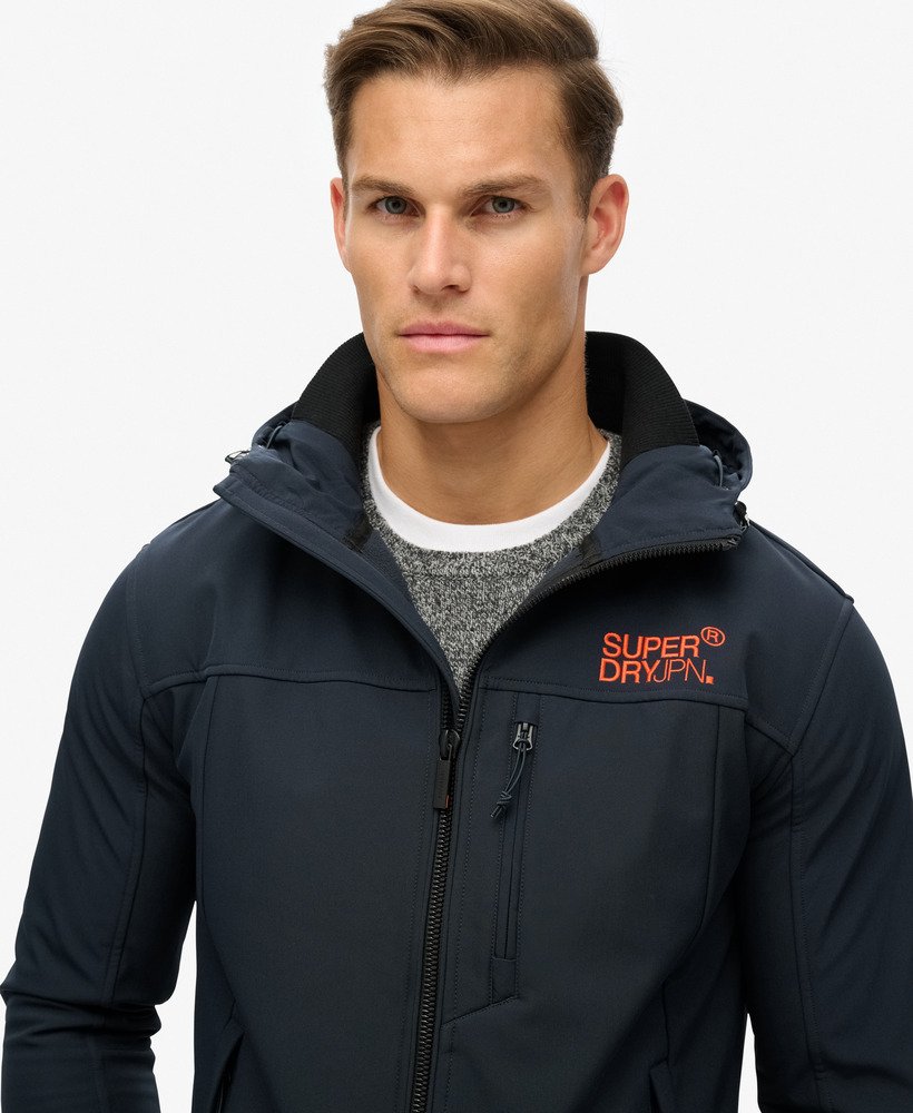 Hooded Soft Shell Trekker Navy Jacket-Close up
