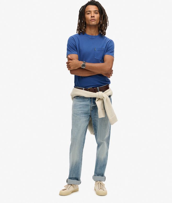 SUPERDRY Essential Washed Pocket Washed Navy Tee Washed Supermarine Navy model front view
