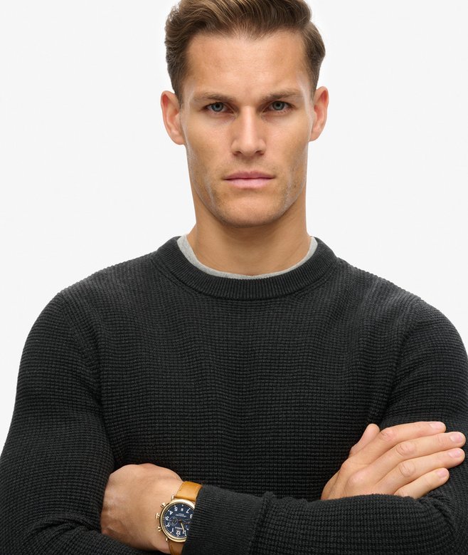 Textured Crew Knit Raven Black Heather Jumper-Collar view