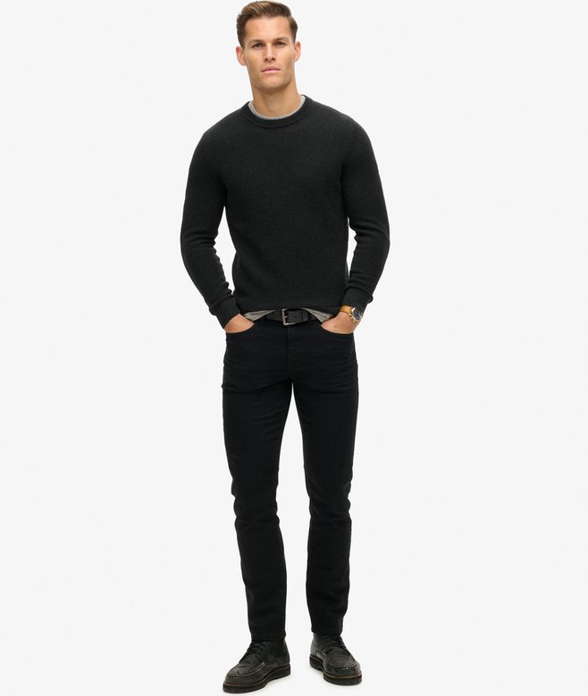 Textured Crew Knit Raven Black Heather Jumper-Full model view