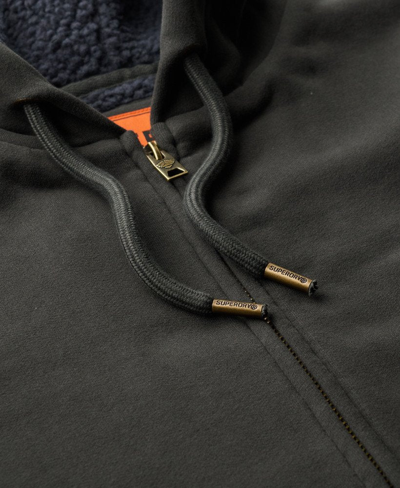 Borg Lined Zip Washed Black Hoodie-Zip and drawstring view