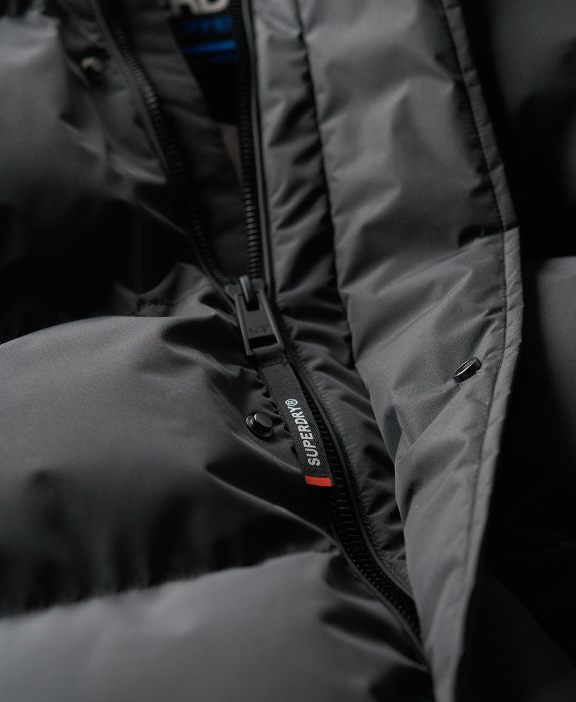 Hooded Five Baffle Sports Puffer-Ebony-Zip detail