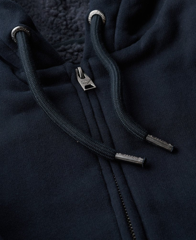 Borg Lined Zip Navy Hoodie-Zip and drawstring view