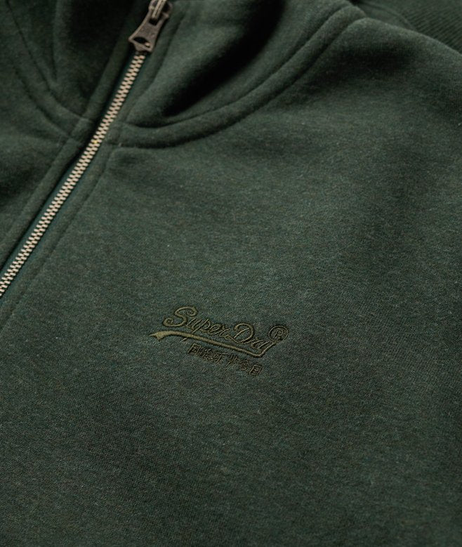 green zip sweat  with a brand logo on the chest