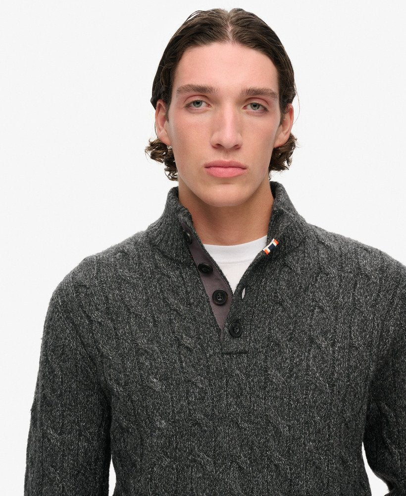 Cable Button Neck Jumper-Washed Black-Button detail