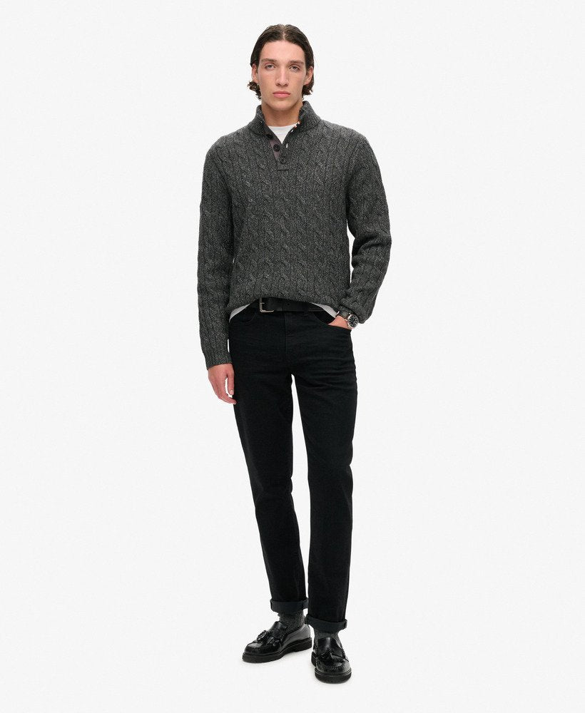 Cable Button Neck Jumper-Washed Black-Full model view