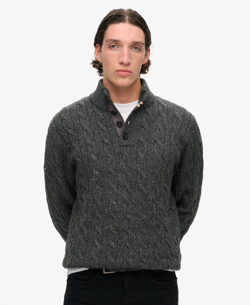 Cable Button Neck Jumper-Washed Black