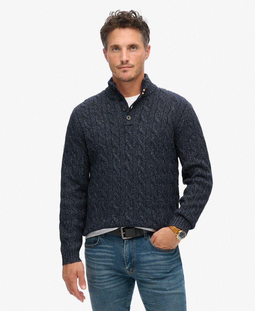 Cable Button Neck Jumper-Darkest Navy