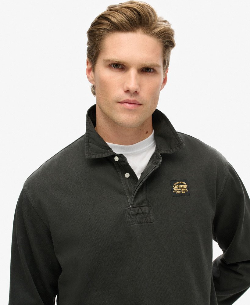 SUPERDRY Contrast Stitch Long Sleeve Black Rugby Top Washed Black detail view