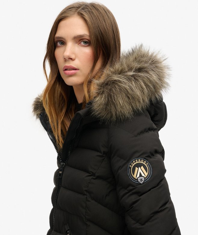 Superdry Ladies Fuji Faux Fur Hood Mid Length Puffer-Black BLACK detail view