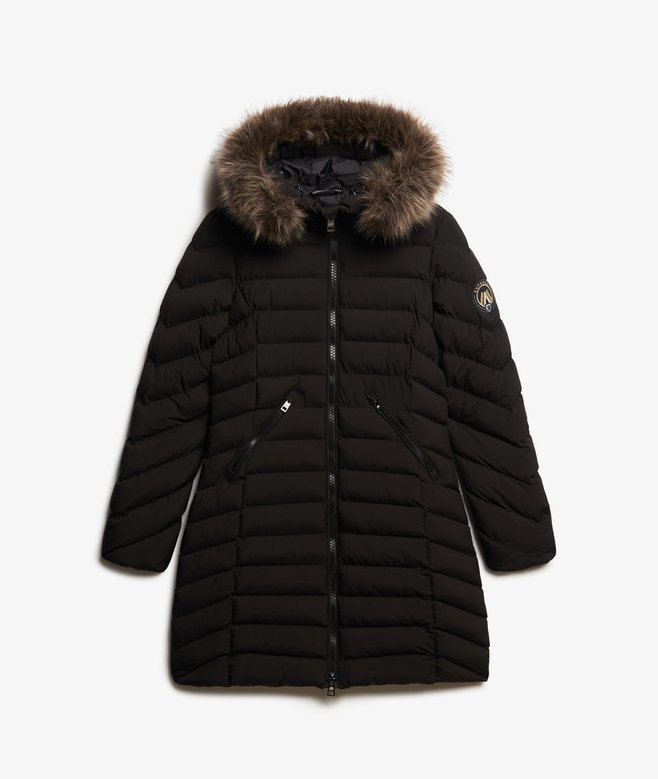 Fuji Faux Fur Hood Mid Length Puffer-Black-Front view