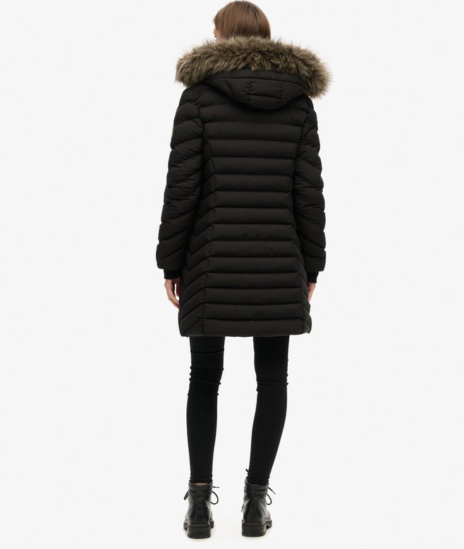 Fuji Faux Fur Hood Mid Length Puffer-Black-Back view