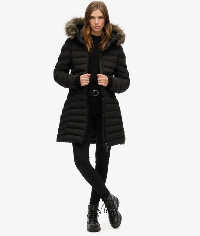 Superdry Ladies Fuji Faux Fur Hood Mid Length Puffer-Black BLACK model front view