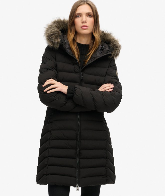 Superdry Ladies Fuji Faux Fur Hood Mid Length Puffer-Black BLACK front view