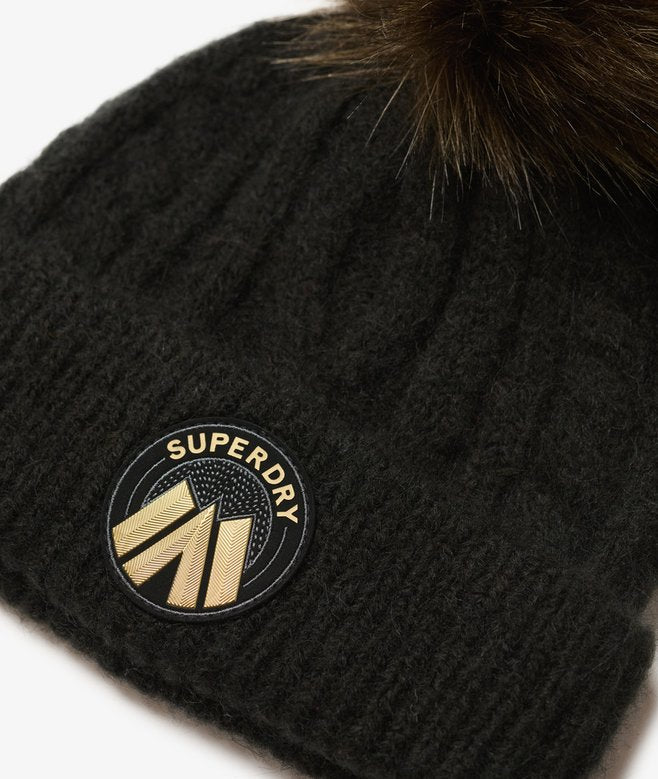 Ladies Cable Luxe Knit Beanie Hat-Black-Close Up VIew